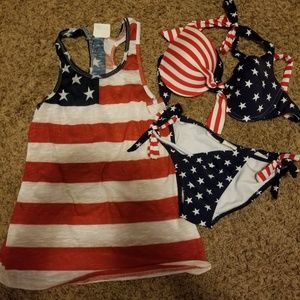 American flagg shirt with two piece swim suit.